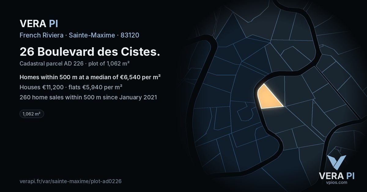 26 Boulevard des Cistes, Sainte-Maxime at night – the plot lit, the parcels around coloured by the prices near them
