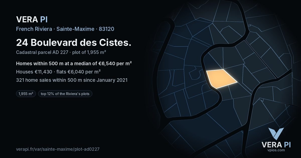 24 Boulevard des Cistes, Sainte-Maxime at night – the plot lit, the parcels around coloured by the prices near them