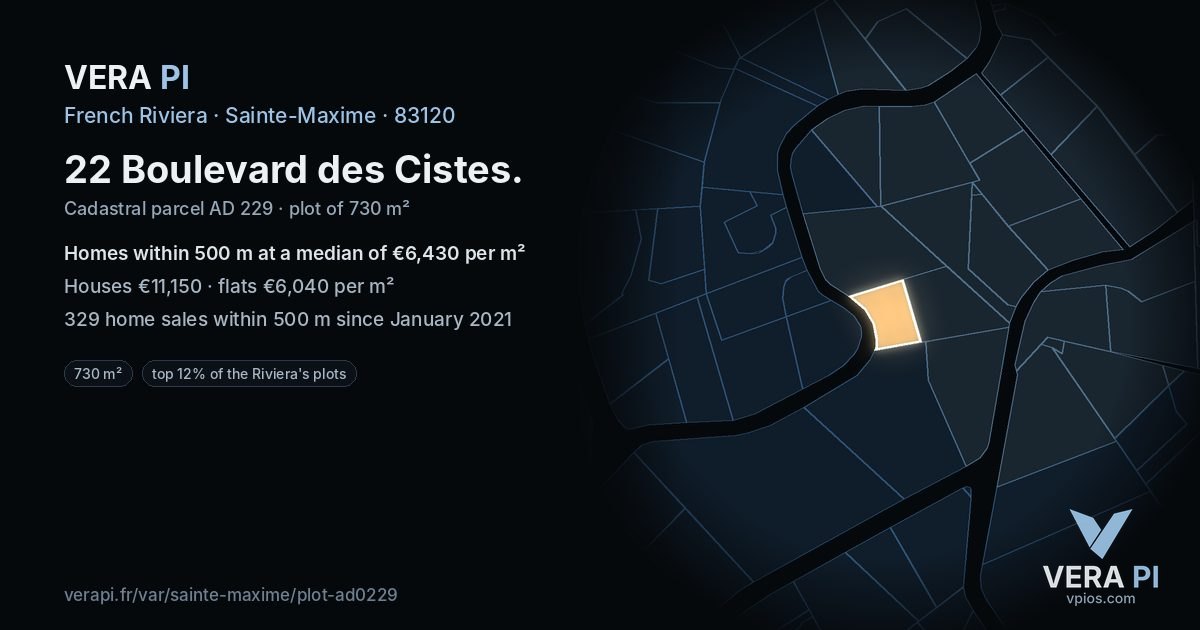 22 Boulevard des Cistes, Sainte-Maxime at night – the plot lit, the parcels around coloured by the prices near them