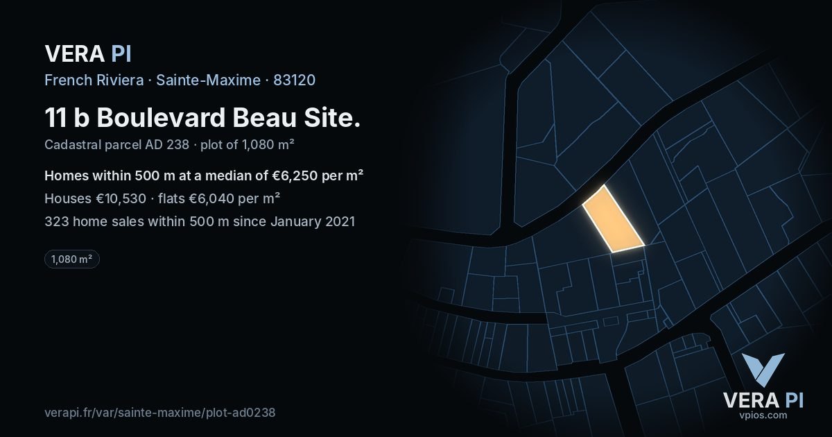 11 b Boulevard Beau Site, Sainte-Maxime at night – the plot lit, the parcels around coloured by the prices near them