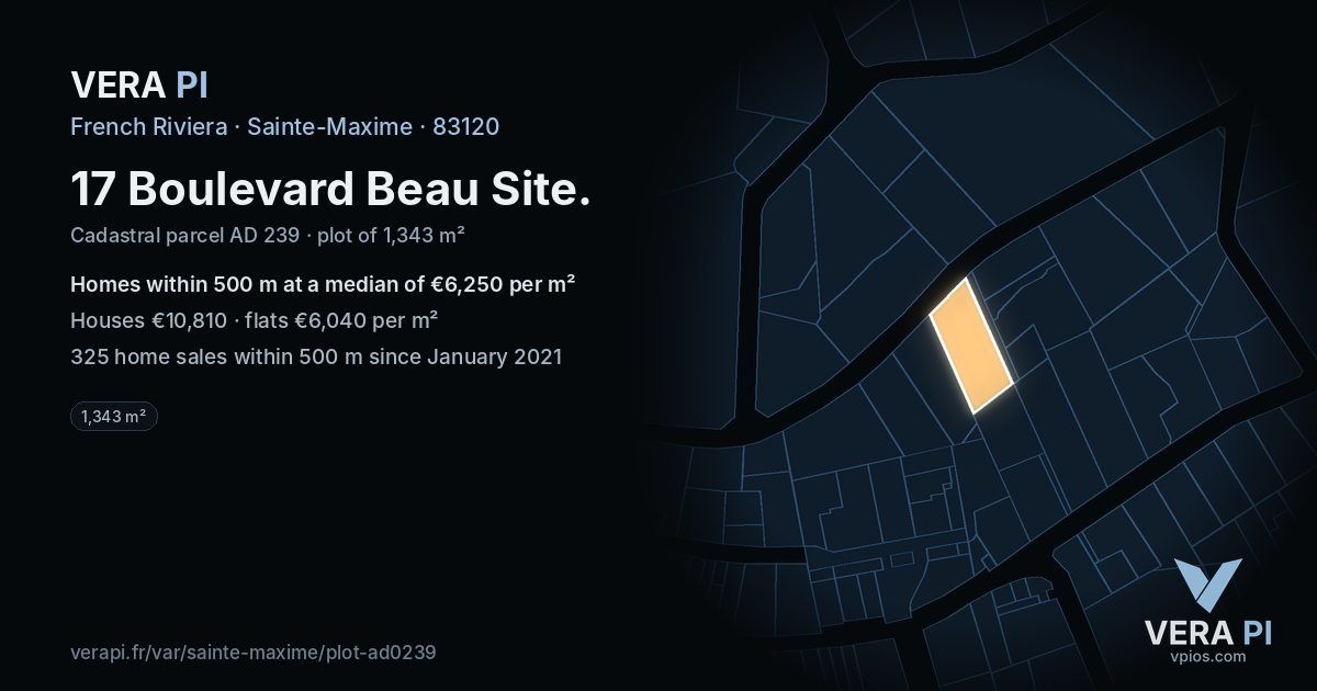 17 Boulevard Beau Site, Sainte-Maxime at night – the plot lit, the parcels around coloured by the prices near them