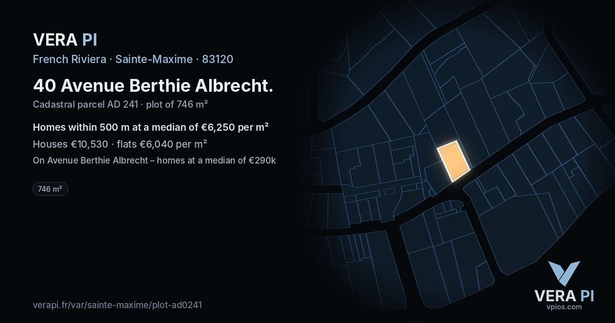 40 Avenue Berthie Albrecht, Sainte-Maxime at night – the plot lit, the parcels around coloured by the prices near them
