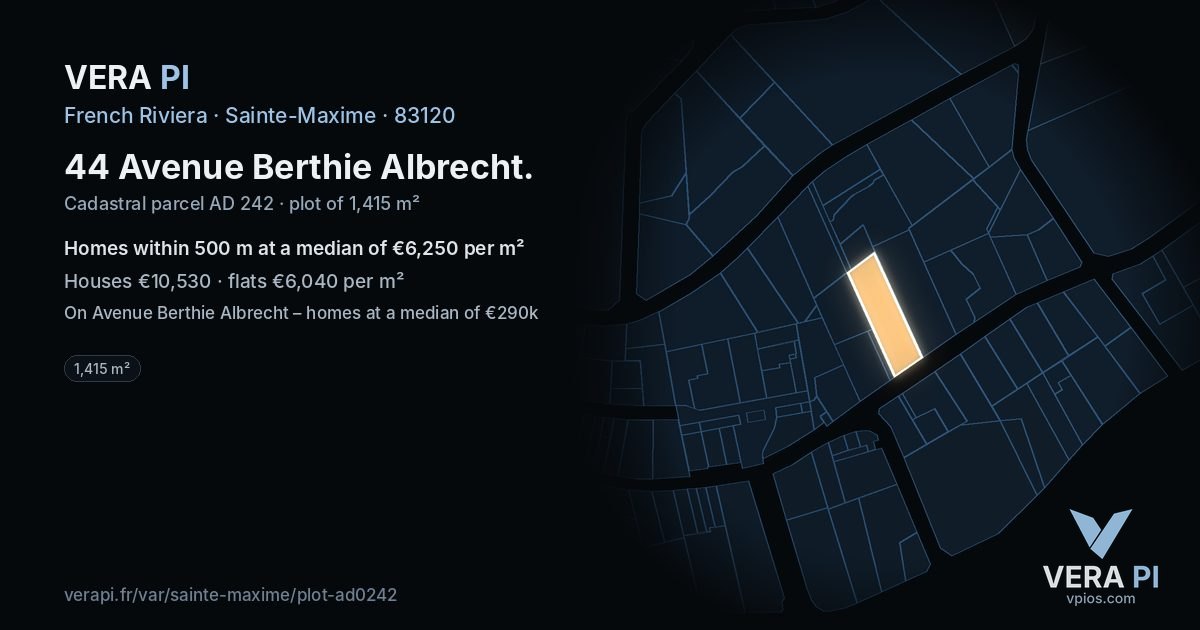 44 Avenue Berthie Albrecht, Sainte-Maxime at night – the plot lit, the parcels around coloured by the prices near them