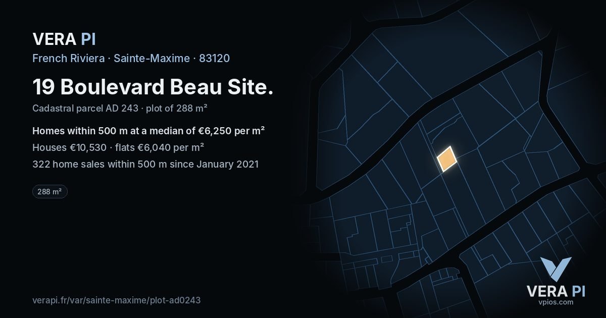 19 Boulevard Beau Site, Sainte-Maxime at night – the plot lit, the parcels around coloured by the prices near them