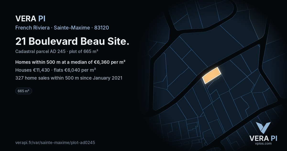 21 Boulevard Beau Site, Sainte-Maxime at night – the plot lit, the parcels around coloured by the prices near them