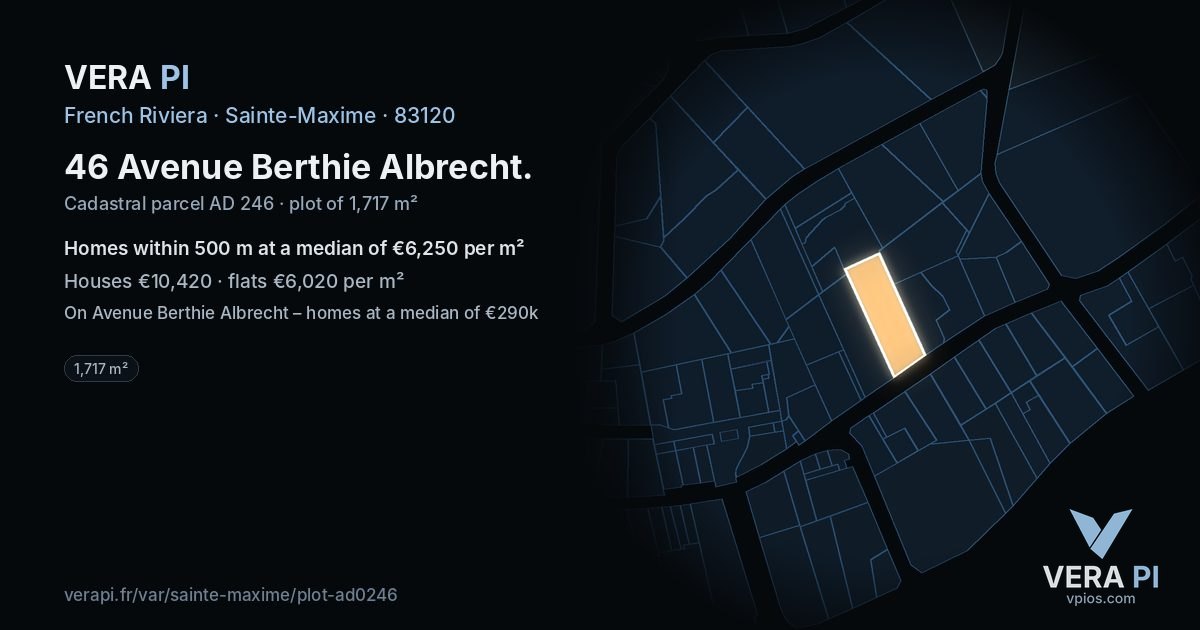 46 Avenue Berthie Albrecht, Sainte-Maxime at night – the plot lit, the parcels around coloured by the prices near them