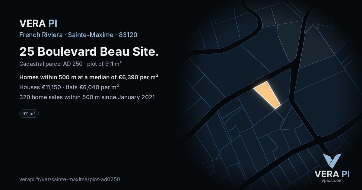 25 Boulevard Beau Site, Sainte-Maxime at night – the plot lit, the parcels around coloured by the prices near them