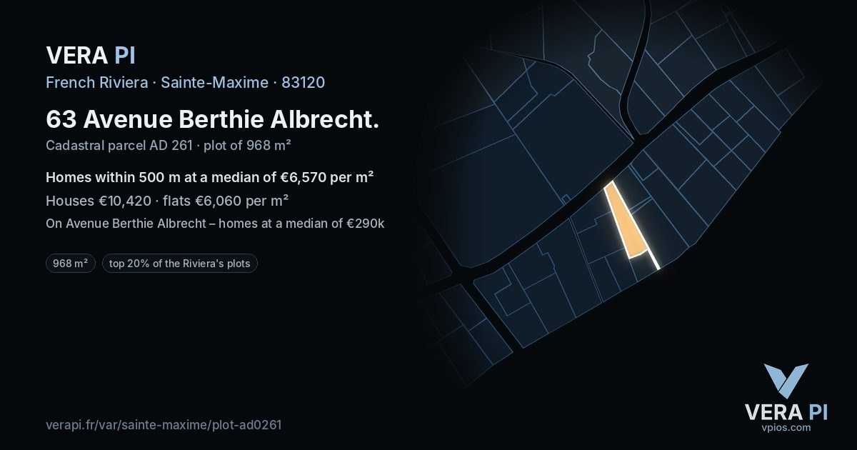 63 Avenue Berthie Albrecht, Sainte-Maxime at night – the plot lit, the parcels around coloured by the prices near them