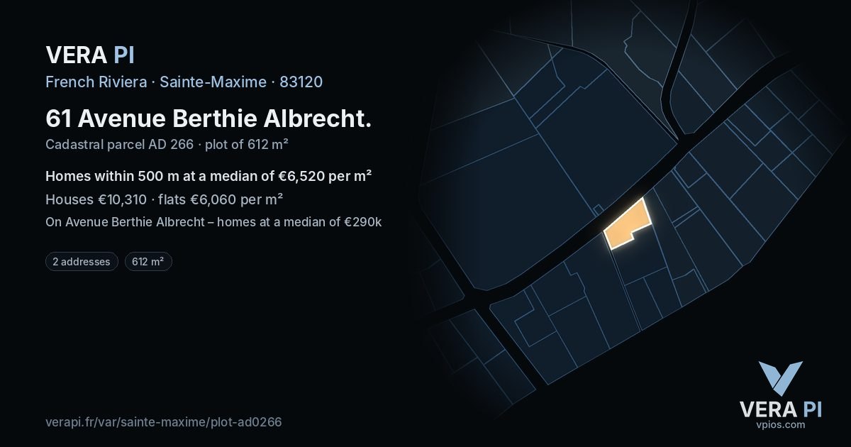 61 Avenue Berthie Albrecht, Sainte-Maxime at night – the plot lit, the parcels around coloured by the prices near them