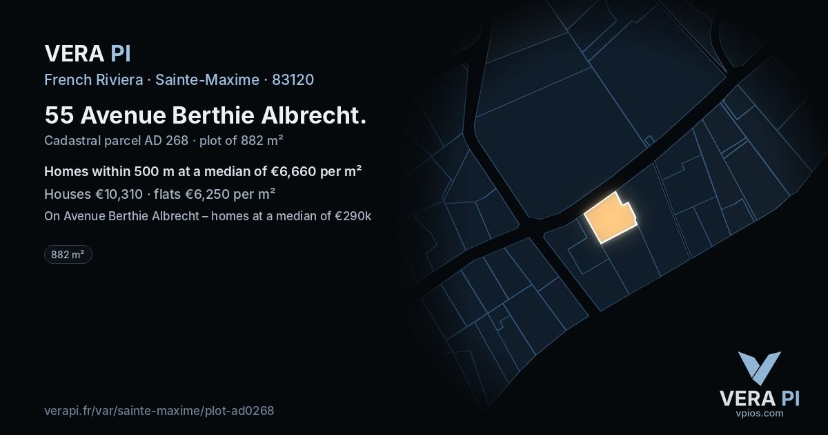 55 Avenue Berthie Albrecht, Sainte-Maxime at night – the plot lit, the parcels around coloured by the prices near them