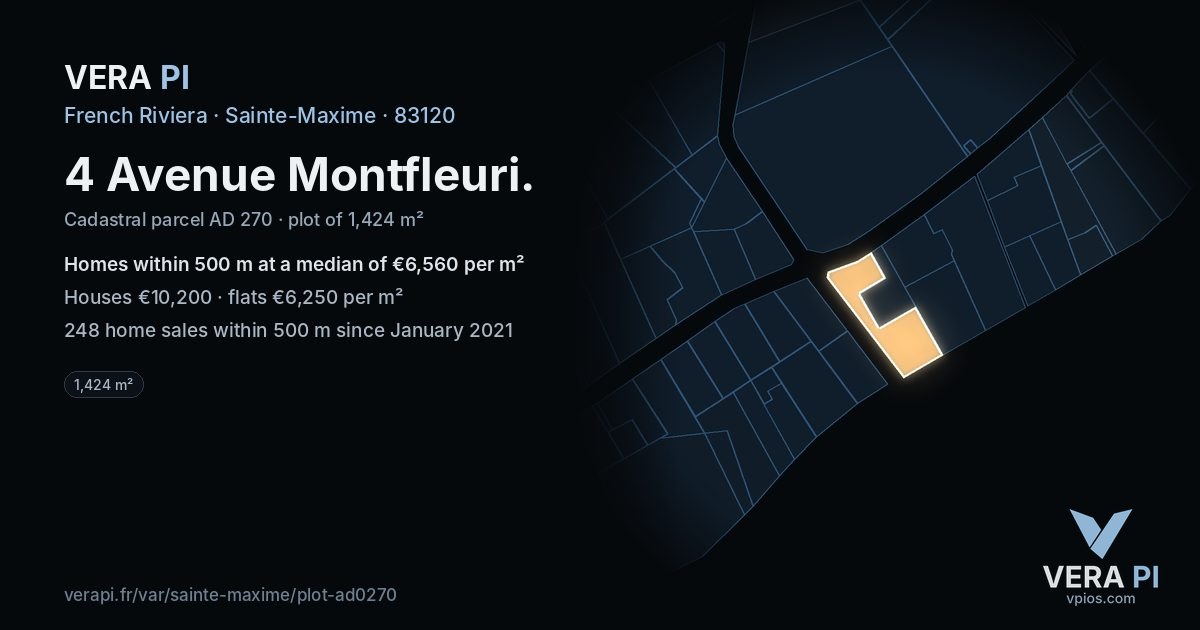 4 Avenue Montfleuri, Sainte-Maxime at night – the plot lit, the parcels around coloured by the prices near them