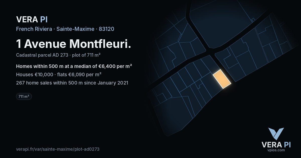 1 Avenue Montfleuri, Sainte-Maxime at night – the plot lit, the parcels around coloured by the prices near them