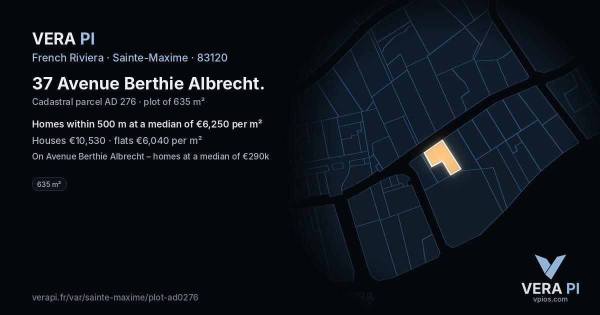 37 Avenue Berthie Albrecht, Sainte-Maxime at night – the plot lit, the parcels around coloured by the prices near them