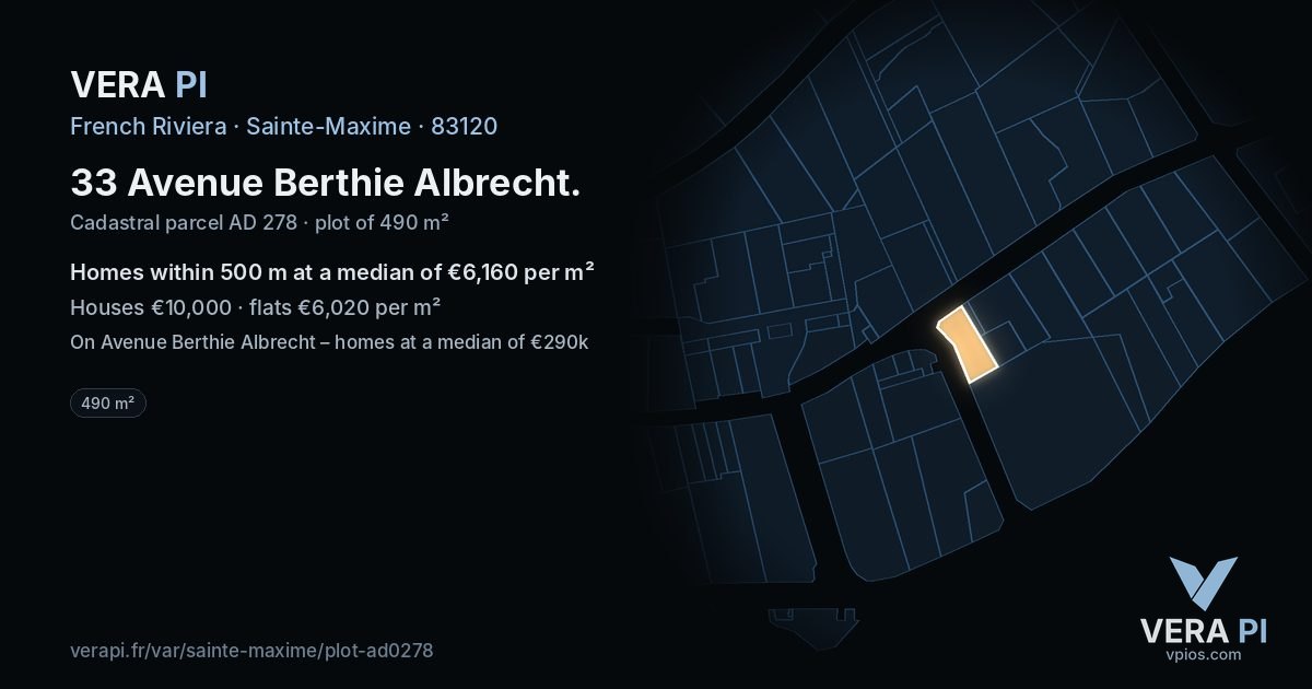 33 Avenue Berthie Albrecht, Sainte-Maxime at night – the plot lit, the parcels around coloured by the prices near them