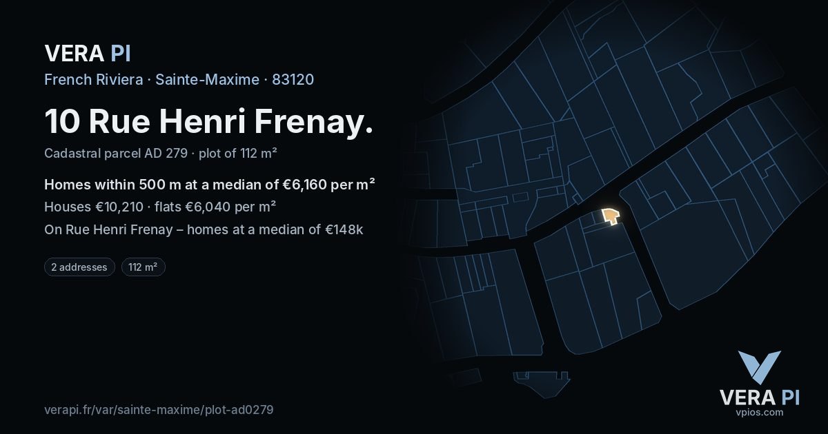 10 Rue Henri Frenay, Sainte-Maxime at night – the plot lit, the parcels around coloured by the prices near them