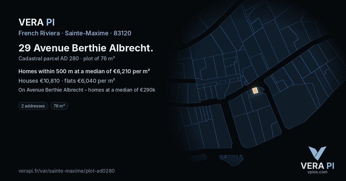 29 Avenue Berthie Albrecht, Sainte-Maxime at night – the plot lit, the parcels around coloured by the prices near them