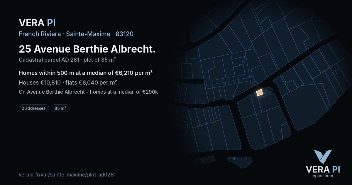 25 Avenue Berthie Albrecht, Sainte-Maxime at night – the plot lit, the parcels around coloured by the prices near them