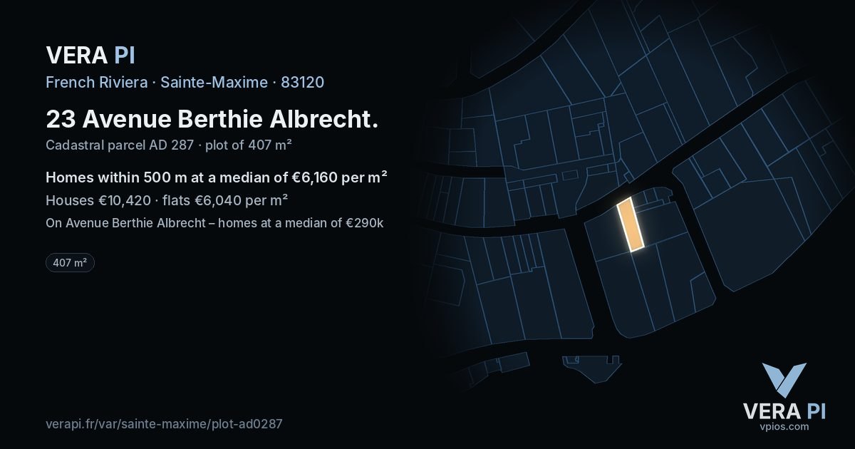 23 Avenue Berthie Albrecht, Sainte-Maxime at night – the plot lit, the parcels around coloured by the prices near them