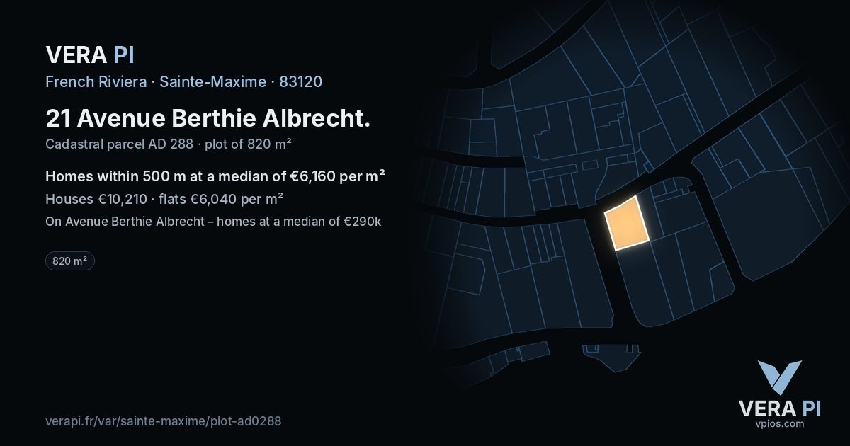 21 Avenue Berthie Albrecht, Sainte-Maxime at night – the plot lit, the parcels around coloured by the prices near them