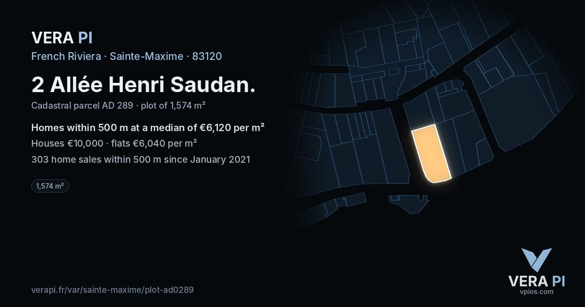2 Allée Henri Saudan, Sainte-Maxime at night – the plot lit, the parcels around coloured by the prices near them