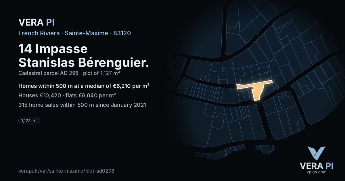 14 Impasse Stanislas Bérenguier, Sainte-Maxime at night – the plot lit, the parcels around coloured by the prices near them
