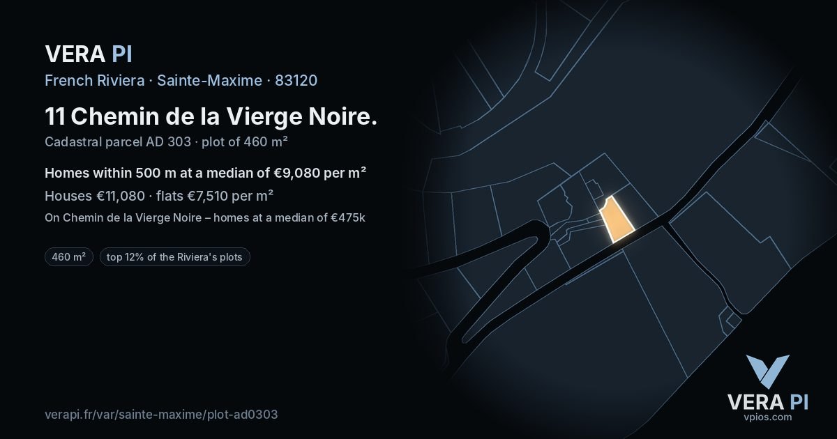 11 Chemin de la Vierge Noire, Sainte-Maxime at night – the plot lit, the parcels around coloured by the prices near them