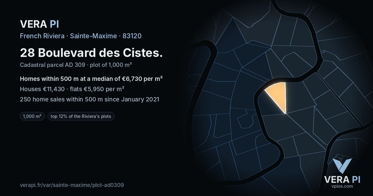28 Boulevard des Cistes, Sainte-Maxime at night – the plot lit, the parcels around coloured by the prices near them