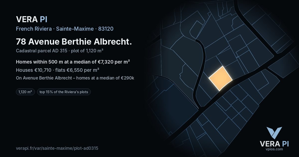 78 Avenue Berthie Albrecht, Sainte-Maxime at night – the plot lit, the parcels around coloured by the prices near them