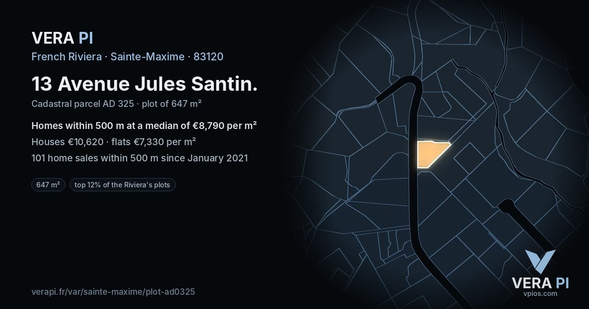 13 Avenue Jules Santin, Sainte-Maxime at night – the plot lit, the parcels around coloured by the prices near them