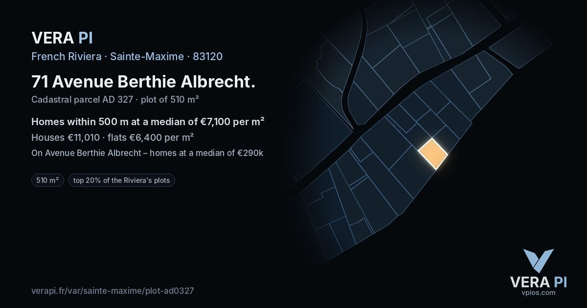 71 Avenue Berthie Albrecht, Sainte-Maxime at night – the plot lit, the parcels around coloured by the prices near them