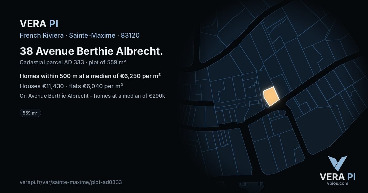 38 Avenue Berthie Albrecht, Sainte-Maxime at night – the plot lit, the parcels around coloured by the prices near them