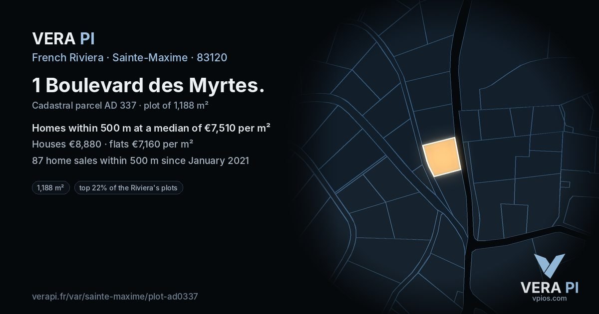 1 Boulevard des Myrtes, Sainte-Maxime at night – the plot lit, the parcels around coloured by the prices near them