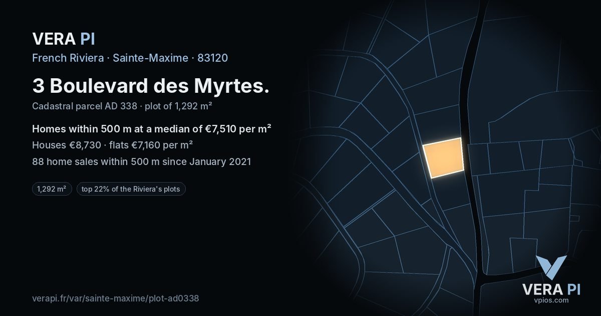 3 Boulevard des Myrtes, Sainte-Maxime at night – the plot lit, the parcels around coloured by the prices near them