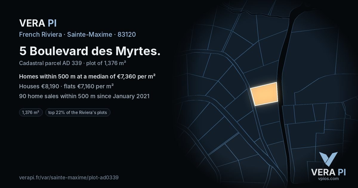 5 Boulevard des Myrtes, Sainte-Maxime at night – the plot lit, the parcels around coloured by the prices near them