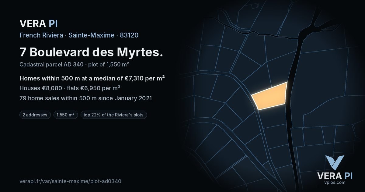 7 Boulevard des Myrtes, Sainte-Maxime at night – the plot lit, the parcels around coloured by the prices near them