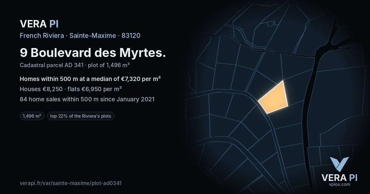 9 Boulevard des Myrtes, Sainte-Maxime at night – the plot lit, the parcels around coloured by the prices near them