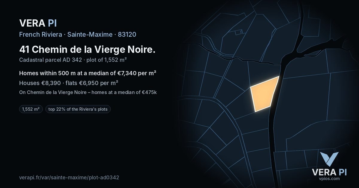 41 Chemin de la Vierge Noire, Sainte-Maxime at night – the plot lit, the parcels around coloured by the prices near them