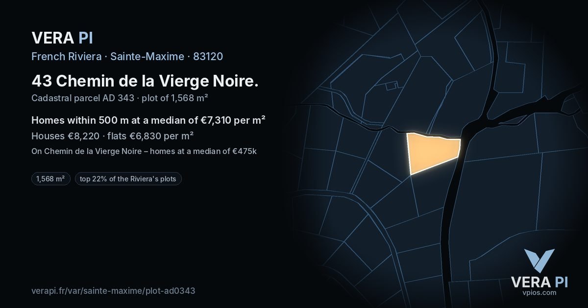 43 Chemin de la Vierge Noire, Sainte-Maxime at night – the plot lit, the parcels around coloured by the prices near them
