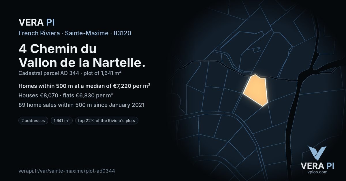 4 Chemin du Vallon de la Nartelle, Sainte-Maxime at night – the plot lit, the parcels around coloured by the prices near them