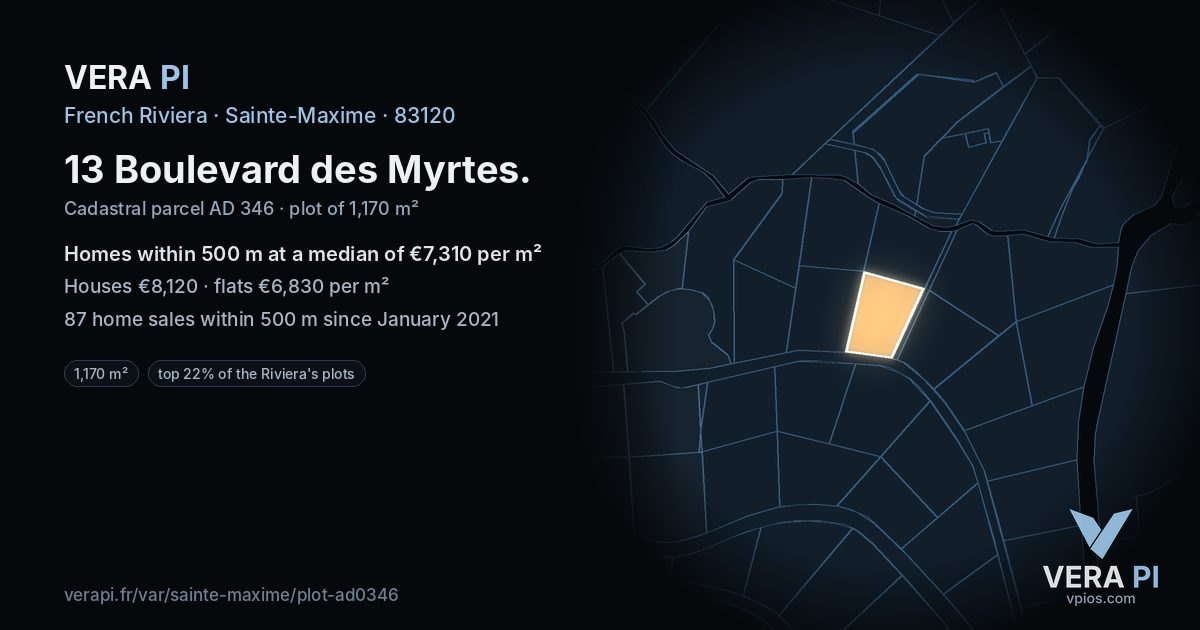 13 Boulevard des Myrtes, Sainte-Maxime at night – the plot lit, the parcels around coloured by the prices near them