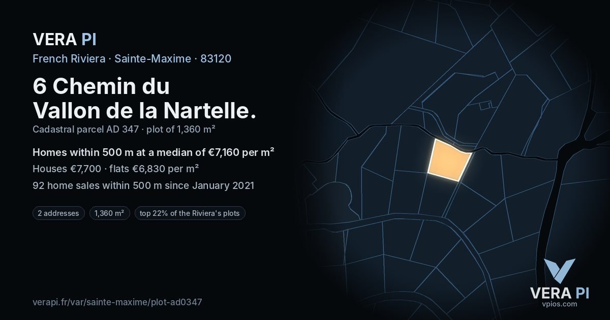 6 Chemin du Vallon de la Nartelle, Sainte-Maxime at night – the plot lit, the parcels around coloured by the prices near them