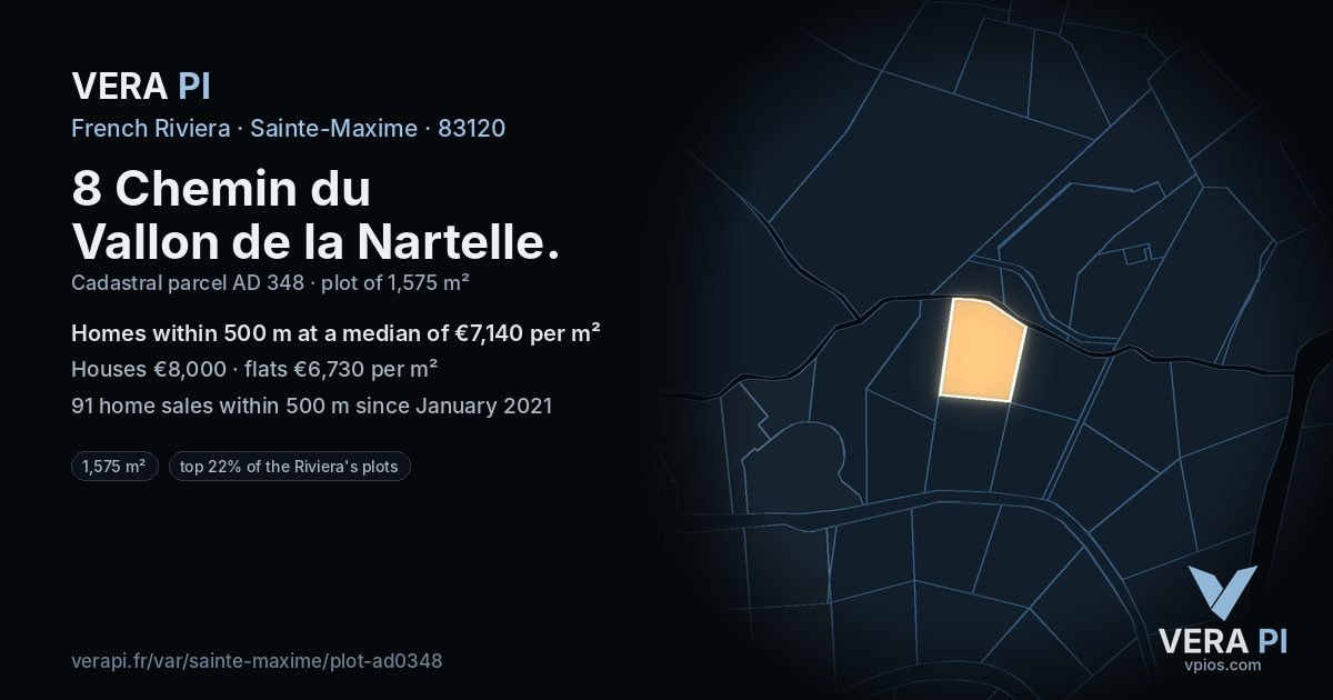 8 Chemin du Vallon de la Nartelle, Sainte-Maxime at night – the plot lit, the parcels around coloured by the prices near them