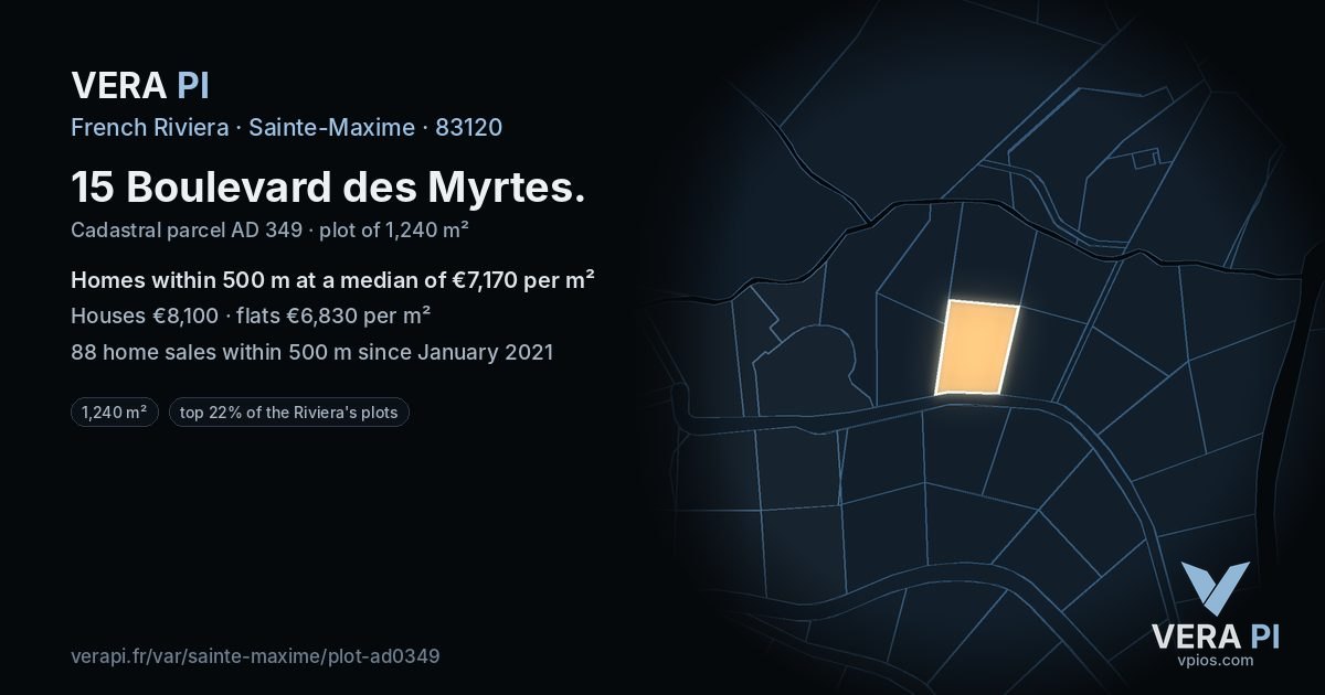 15 Boulevard des Myrtes, Sainte-Maxime at night – the plot lit, the parcels around coloured by the prices near them