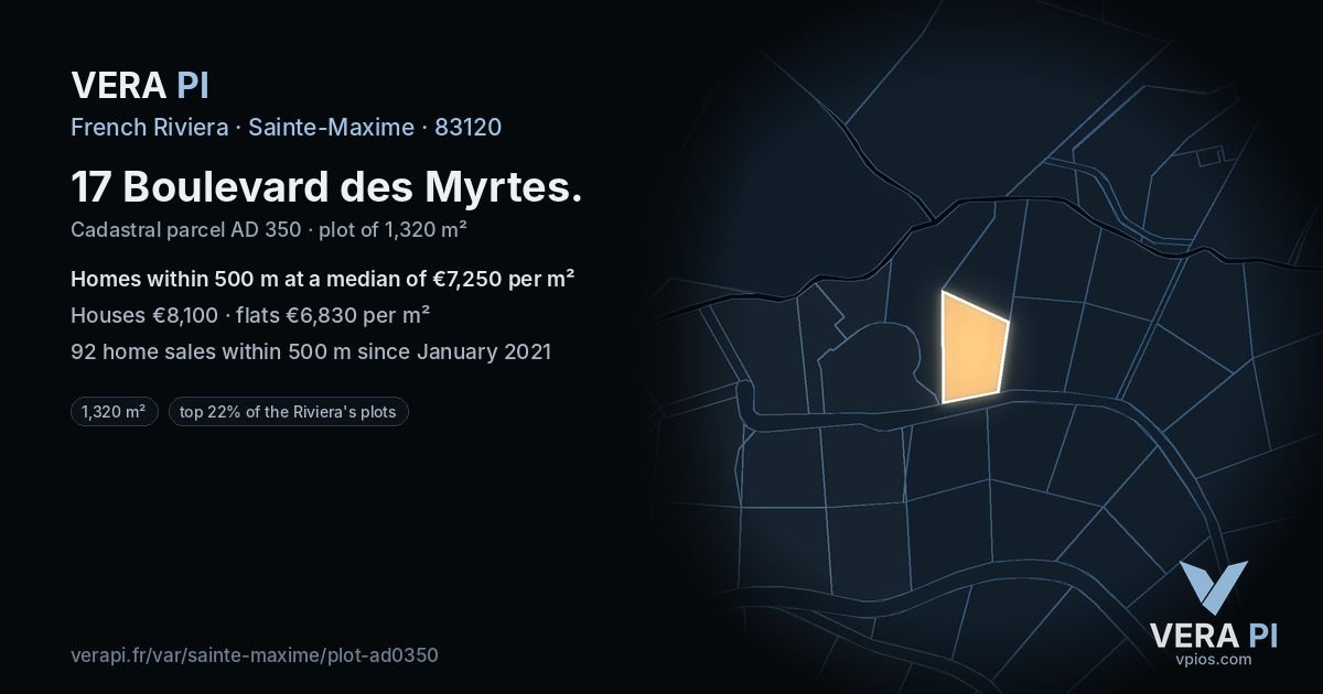 17 Boulevard des Myrtes, Sainte-Maxime at night – the plot lit, the parcels around coloured by the prices near them