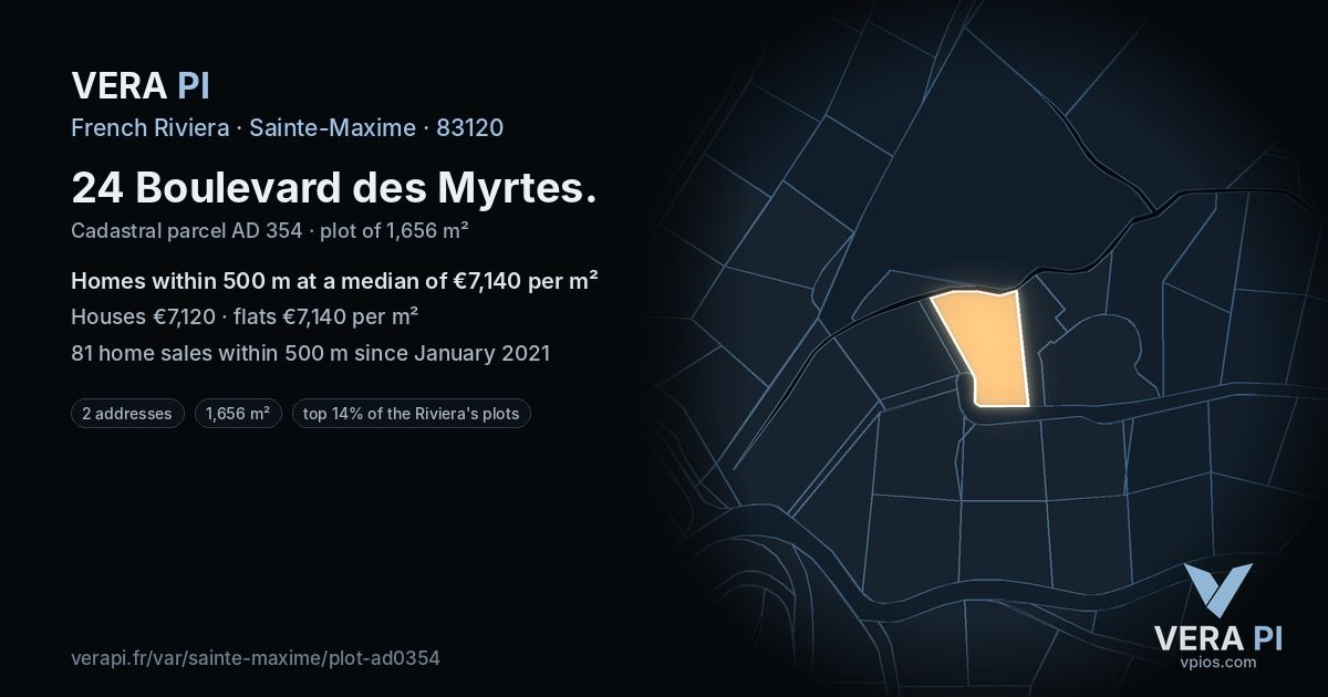 24 Boulevard des Myrtes, Sainte-Maxime at night – the plot lit, the parcels around coloured by the prices near them
