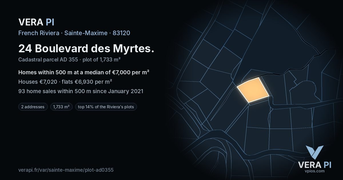 24 Boulevard des Myrtes, Sainte-Maxime at night – the plot lit, the parcels around coloured by the prices near them