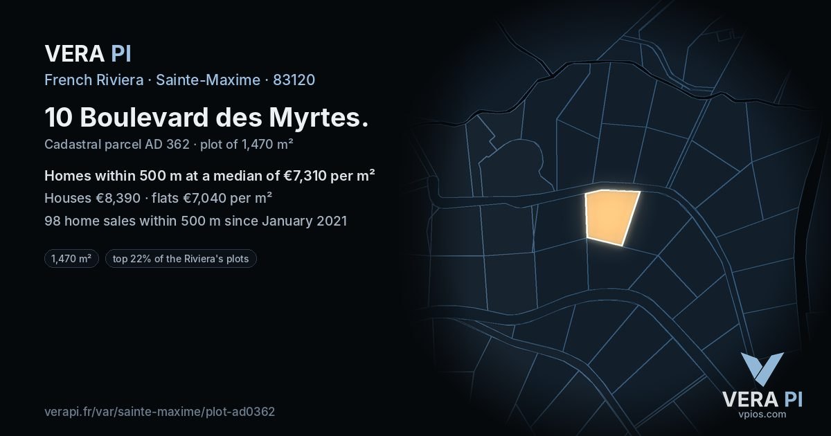 10 Boulevard des Myrtes, Sainte-Maxime at night – the plot lit, the parcels around coloured by the prices near them
