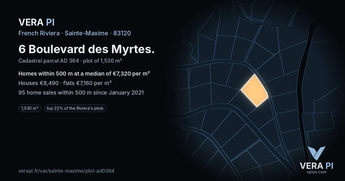 6 Boulevard des Myrtes, Sainte-Maxime at night – the plot lit, the parcels around coloured by the prices near them