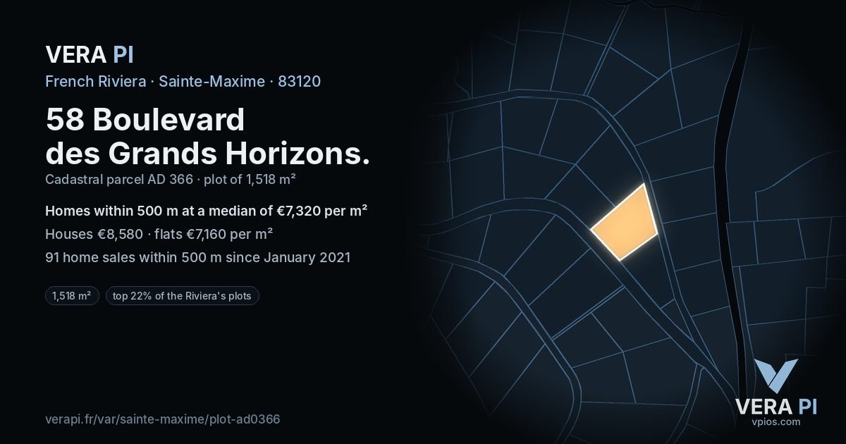 58 Boulevard des Grands Horizons, Sainte-Maxime at night – the plot lit, the parcels around coloured by the prices near them