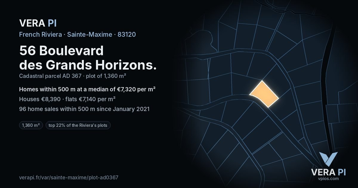 56 Boulevard des Grands Horizons, Sainte-Maxime at night – the plot lit, the parcels around coloured by the prices near them